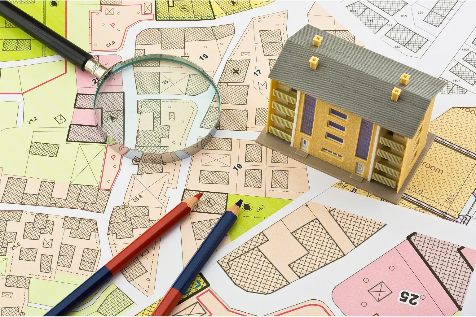 Plans d’implantation et maquette de bâtiment pour préparer un projet d’urbanisme