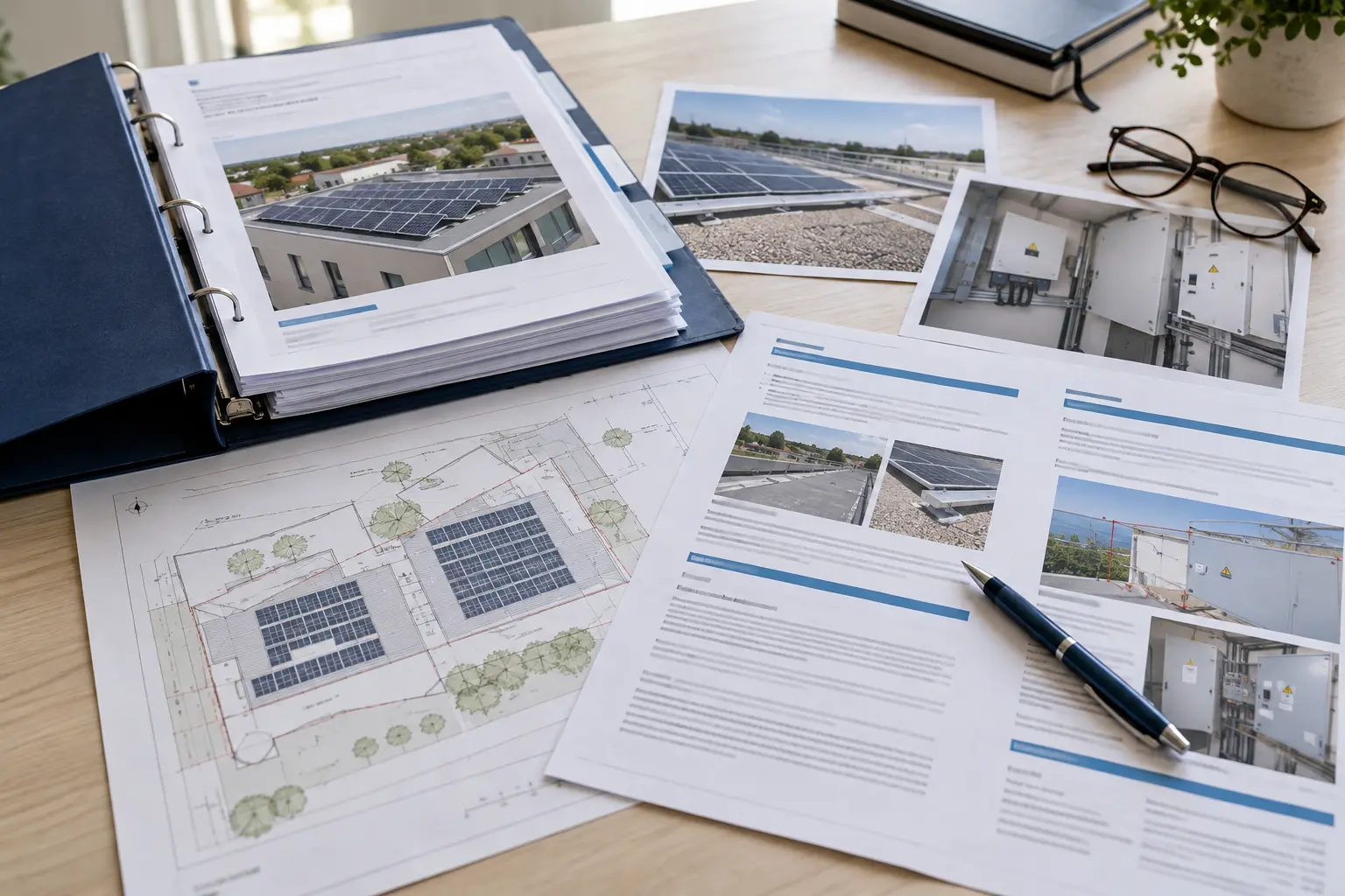 Illustration d’un dossier technique photovoltaïque réunissant plans, rapports et photographies à analyser